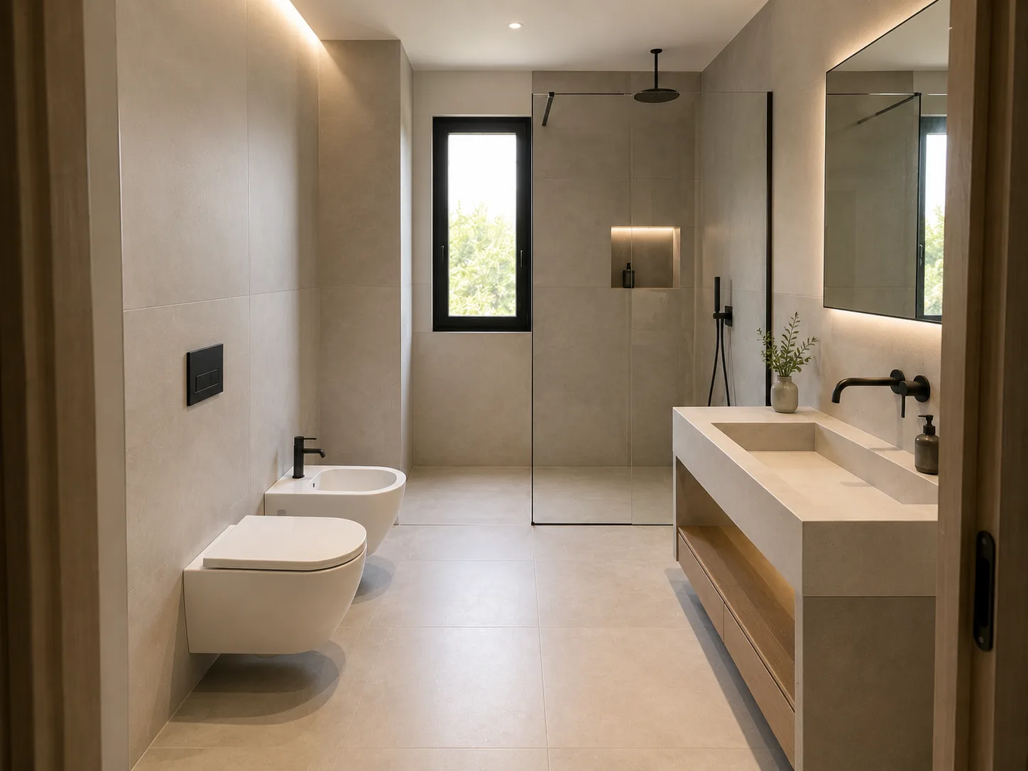 Modernes Badezimmer nach Badsanierung mit großformatigen Fliesen
